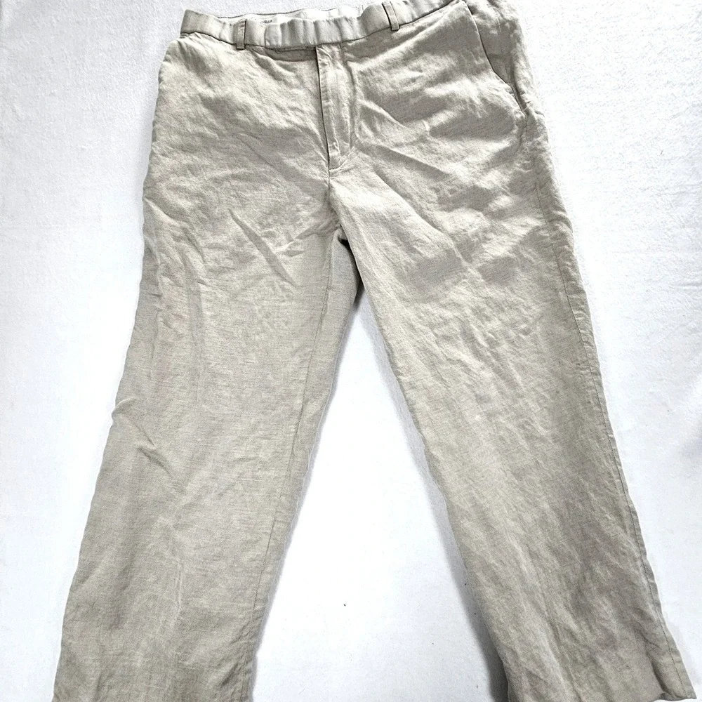 Perry Ellis Mens Beige Linen Tencel Blend Straight Leg Trousers 38x30